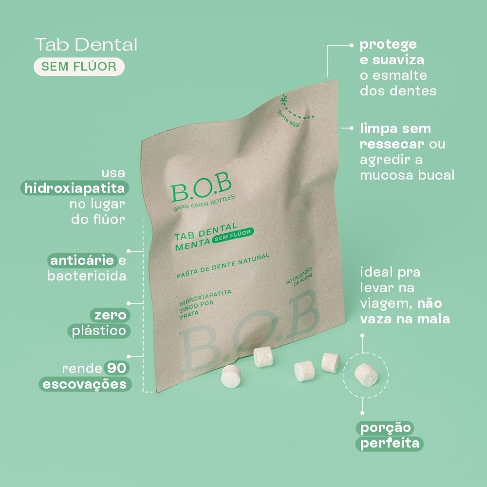 B.O.B Bars Over Bottles Pastilha Dental Menta Sem Flúor Anticárie | Natural, vegano, livre de crueldade, sustentável, livre de plástico, waterless 2 B.O.B Bars Over Bottles Pastilha Dental Menta Sem Flúor Anticárie | Natural, vegano, livre de crueldade, sustentável, livre de plástico, waterless - Imagem 2