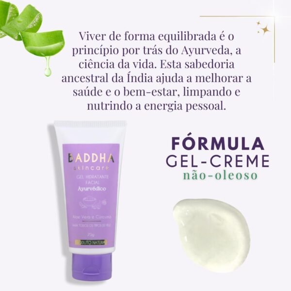 Baddha Skincare, Hidratante Facial e Corporal em Gel, Cosmético Natural, Com Aloe Vera Babosa e Cúrcuma, Acalma a Pele, Previne Cravos e Oleosidade, Saúde Natural da Pele | Ayurveda- 70g - Imagem 2