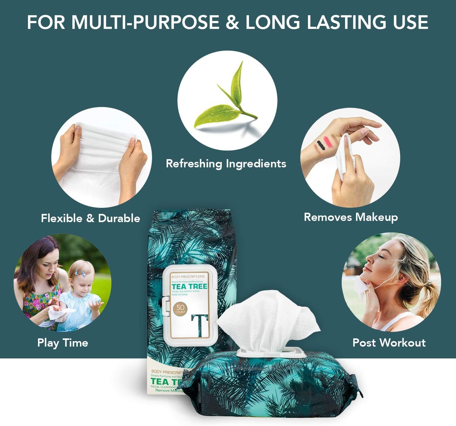 Body Prescriptions - 2 pacotes (60 Count Each) Tea Tree Facial Cleansing, Pore Refining Wipes 2 Body Prescriptions - 2 pacotes (60 Count Each) Tea Tree Facial Cleansing, Pore Refining Wipes - Imagem 2