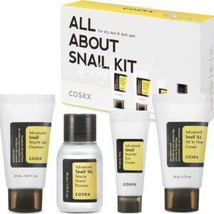 COSRX All About Snail Korean Skincare | Tamanho de viagem aprovado pela TSA, conjunto de presente | Limpador, essência, creme, creme para os olhos | Mucina de caracol para reparar, recuperar, rejuvenescer
