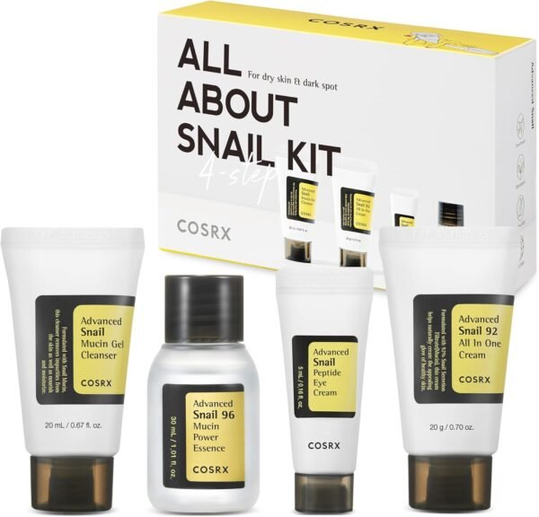 COSRX All About Snail Korean Skincare | Tamanho de viagem aprovado pela TSA, conjunto de presente | Limpador, essência, creme, creme para os olhos | Mucina de caracol para reparar, recuperar, rejuvenescer