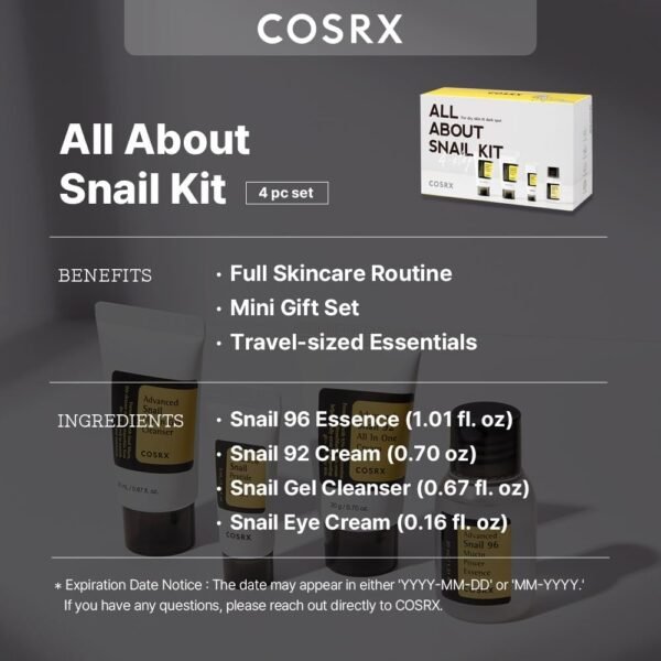 COSRX All About Snail Korean Skincare | Tamanho de viagem aprovado pela TSA, conjunto de presente | Limpador, essência, creme, creme para os olhos | Mucina de caracol para reparar, recuperar, rejuvenescer - Imagem 2