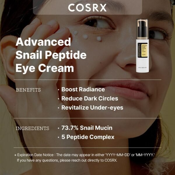 COSRX Creme Peptídeo De Mucina De Caracol Para A Área Dos Olhos, 0,84 Fl Oz, 73,7% De Mucina De Caracol E Niacinamida, Cuidados Com Os Olhos, Creme Antienvelhecimento Para Os Olhos, Olheiras, Cuidad - Imagem 2