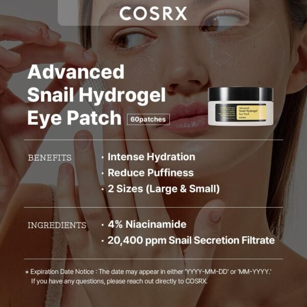 COSRX Patch para olhos de hidrogel de caracol avançado 60 remendos (90 g) | Tratamentos para os olhos | Linhas finas, sob os olhos, revitalizar, refrescar, cuidados com a pele coreana - Imagem 2