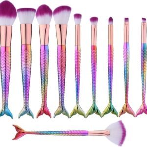 Conjunto de 10 pincéis de maquiagem de sereia, cosméticos coloridos, base Kabuki, blush, corretivo, sombra, pó, pincel, kit de pincéis de maquiagem premium cerdas sintéticas