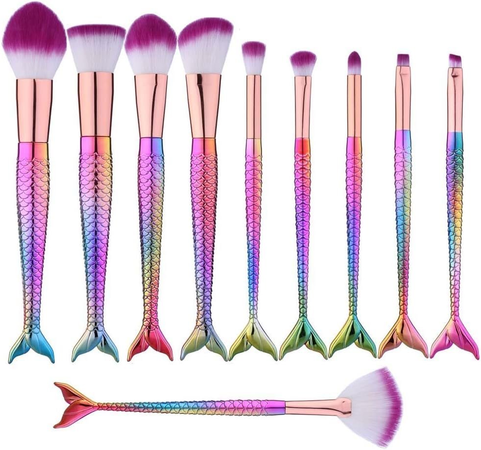 Conjunto de 10 pincéis de maquiagem de sereia, cosméticos coloridos, base Kabuki, blush, corretivo, sombra, pó, pincel, kit de pincéis de maquiagem premium cerdas sintéticas 1 Conjunto de 10 pincéis de maquiagem de sereia, cosméticos coloridos, base Kabuki, blush, corretivo, sombra, pó, pincel, kit de pincéis de maquiagem premium cerdas sintéticas