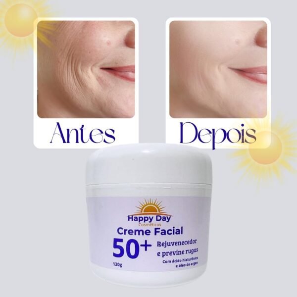 Creme Facial 50+ Para Rugas Com Acido Hialurônico Antirrugas e Antissinais 120g Happy Day Cosméticos - Imagem 2