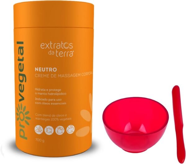 Creme de Massagem Hidratante sem Perfume Pro Vegetal Neutro 700g + Cubeta Maleável Silicone 60ml com Espátula – Textura Premium para Aromaterapia e Massagens