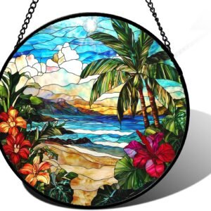 DASTOLL Pendurado em janela de vitral, cenário de praia azul, apanhador de sol, painéis de vidro de diamante, decoração de aniversário para mulheres, homens, esposa, tia e mãe, 16 cm