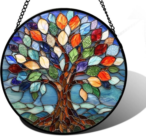 DASTOLL Pendurado em vitrais, árvore colorida da vida, apanhadores de sol, painel de vidro azul para decoração de aniversário para mulheres, homens, esposa, tia e mãe, 16 cm