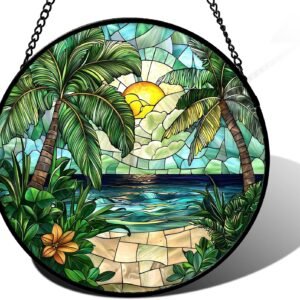 DASTOLL Pendurado em vitral, cenário de praia verde, apanhador de sol, painel de vidro de diamante, decoração de aniversário para mulheres, homens, esposa, tia e mãe, 30 x 30 cm
