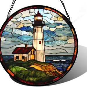 DASTOLL Vitral pendurado, farol oceano, apanhadores de sol, painel de vidro, azul e verde, para aniversário, para mulheres, homens, esposa, tia e mãe, 25 cm