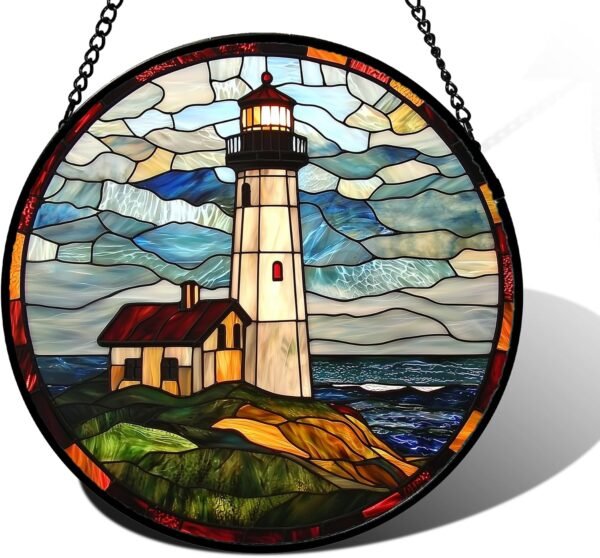 DASTOLL Vitral pendurado, farol oceano, apanhadores de sol, painel de vidro, azul e verde, para aniversário, para mulheres, homens, esposa, tia e mãe, 25 cm