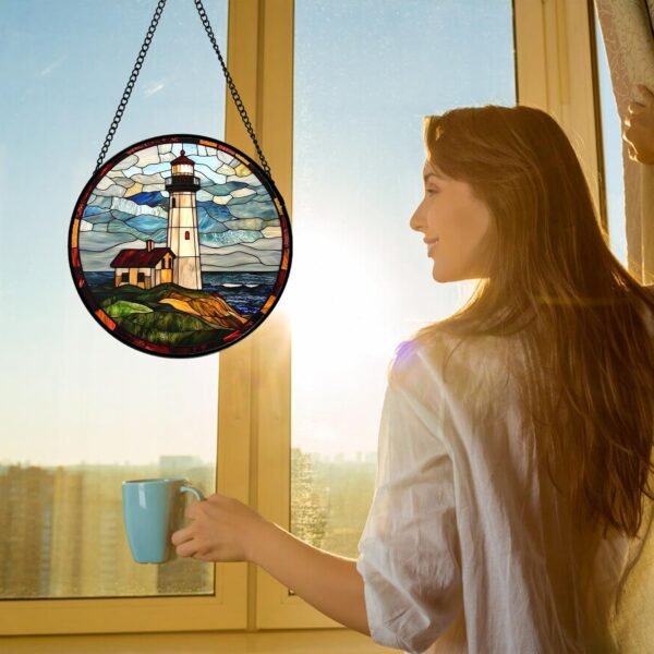 DASTOLL Vitral pendurado, farol oceano, apanhadores de sol, painel de vidro, azul e verde, para aniversário, para mulheres, homens, esposa, tia e mãe, 25 cm - Imagem 2