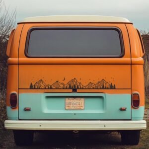 Decalque de carro Dreamy Forest & Moon Mountain – Adesivo de vinil de 99 x 14 cm para caminhão, trailer ou van de acampamento – Cena mágica da natureza noturna com estrelas, pinheiros e design de