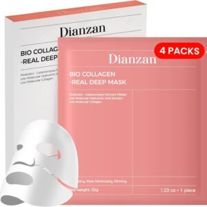 Dianzan Máscara Facial Hidratante Noturna Bio-Collagen Real, Com Ácido Hialurônico E Colágeno, Fórmula Coreana Para Pele Seca E Sensível - Fecha Os Poros, Firma A Pele, Reduz Linhas Finas, 35G X 4