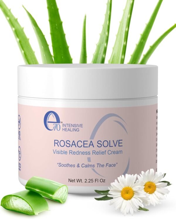 E70 Rosacea Solve – Creme para alívio da vermelhidão hidratante facial calmante para cuidados com a pele sensível com ingredientes orgânicos, como Aloe Vera, óleo de amêndoa, extratos