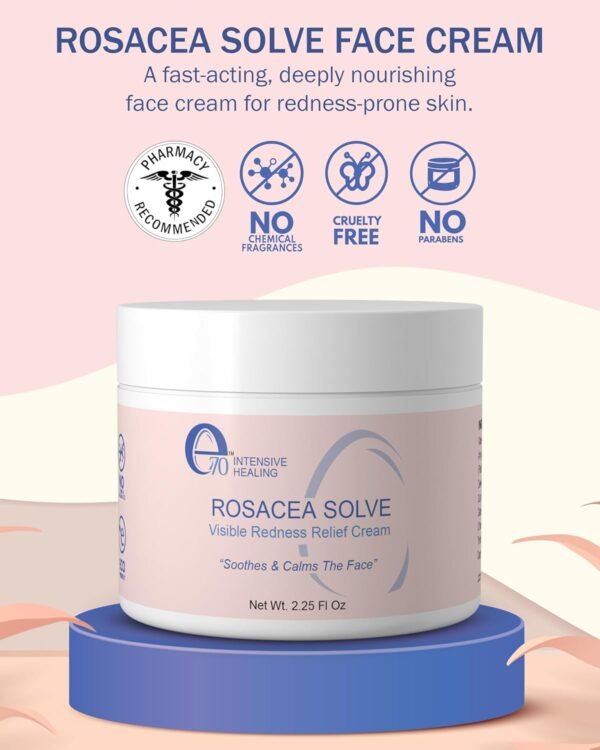 E70 Rosacea Solve – Creme para alívio da vermelhidão hidratante facial calmante para cuidados com a pele sensível com ingredientes orgânicos, como Aloe Vera, óleo de amêndoa, extratos - Imagem 2