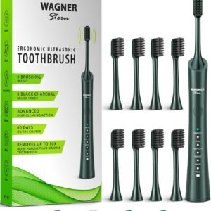 Escova de Dentes Elétrica de Clareamento Ultrassônico Wagner & Stern com 8 Cabeças de Escova Preta Carvão para Hálito Fresco e Sorriso Saudável. (Verde)