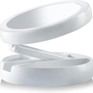 Espelho Facial LED Dobrável Portátil com Organizador – Ideal para Maquiagem, Barba e Cuidados Pessoais | Iluminação Branca, Base Armazenadora Multiuso Premium | 10x | Uso Unissex e Versátil
