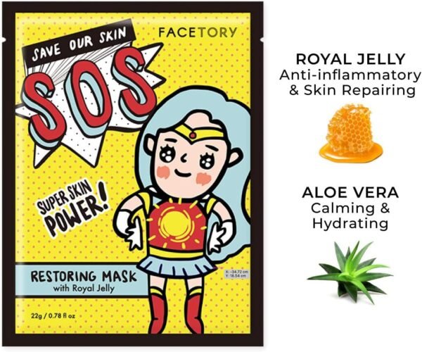 FACETORY K Beauty Máscara facial para cuidados com a pele – SOS SAVE NOSSA PELE RESTAURANTE Máscara com geleia real e Aloe | Inflamação calma, pele orvalhada (pacote com 5) - Imagem 2