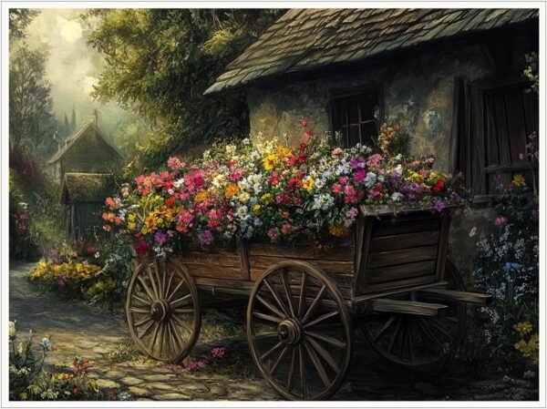 Impressão de primavera arte de parede montanha fazenda pátio com flores perfumadas fora da porta pintura em tela pôster sala decoração estética Páscoa sala de estar decoração de parede 28x35,5 cm sem