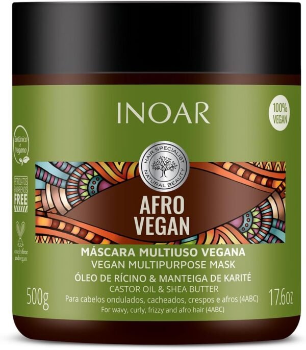 Inoar, Máscara Capilar Afro Vegan – Nutrição, Brilho e Crescimento com Óleo de Rícino, Manteiga de Karité e Vitamina E - 500g