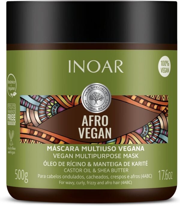 Inoar, Máscara Capilar Afro Vegan – Nutrição, Brilho e Crescimento com Óleo de Rícino, Manteiga de Karité e Vitamina E - 500g - Imagem 2