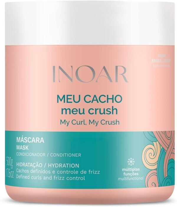 Inoar, Máscara Capilar Meu Cacho Meu Crush – Hidratação, Brilho e Definição com Colágeno Vegetal e Vitamina E - 500ml