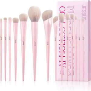 Jessup Conjunto de pincéis de maquiagem rosa, 14 peças de pincéis de maquiagem premium vegano, corretivo, sombra, delineador, pó, marcador, conjunto de pincéis faciais, T495