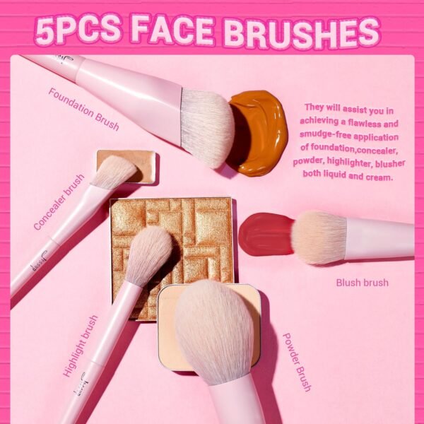 Jessup Conjunto de pincéis de maquiagem rosa, 14 peças de pincéis de maquiagem premium vegano, corretivo, sombra, delineador, pó, marcador, conjunto de pincéis faciais, T495 - Imagem 2