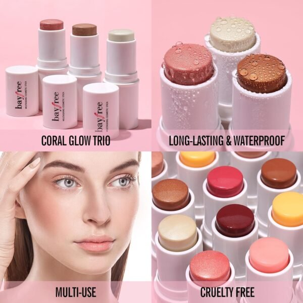KIMUSE Maquiagem Facial Trio Multi Stick, Bastão de Blush Em Creme para Bochechas e Lábios, Bastão de Contorno e Bastões de Maquiagem Iluminador para Toda A Pele - Imagem 2
