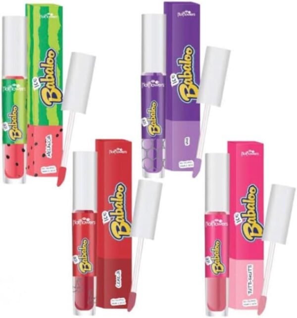 Kit 04 Gloss Labial com Brilho Ice Babaloo, Sabores e Aromas Frutados, Molhadinho, Geladinho e Efeito Pump Brilhoso (Melancia, Cereja, Uva e Tutti Frutti) HotFlowers