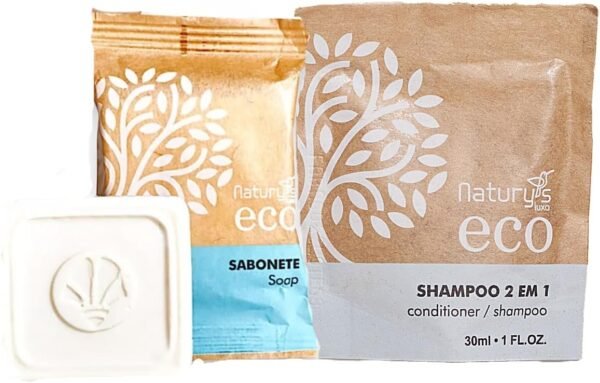 Kit 100 Shampoo 2 em 1 30mL 100 Sabonetes 20g Floral Naturys Ecológico Hotel Pousada Spa