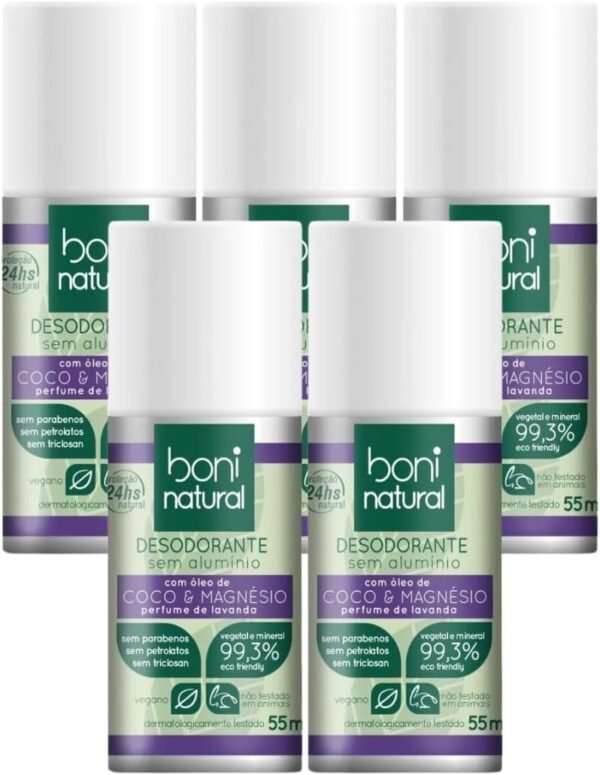 Kit 5 Desodorante Boni Natural Roll-On Natural Coco E Magnésio Vegano Lavanda 24Hrs Proteção 55ml