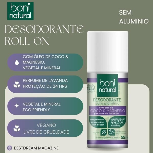 Kit 5 Desodorante Boni Natural Roll-On Natural Coco E Magnésio Vegano Lavanda 24Hrs Proteção 55ml - Imagem 2