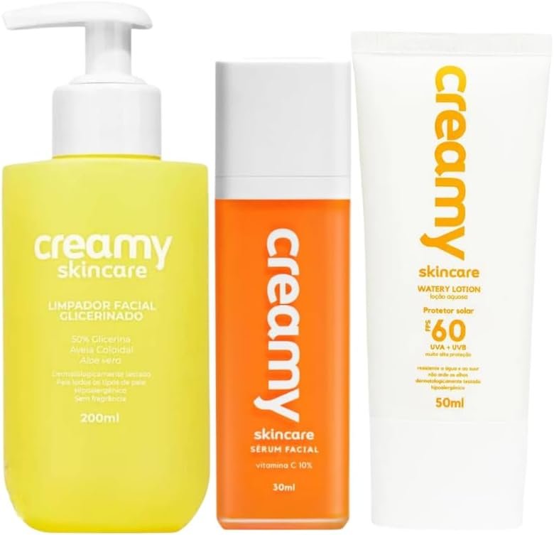 Kit Creamy Limpador Facial Glicerinado 200ml + Sérum Vitamina C 30ml + Protetor Solar Watery Lotion FPS 60 50ml 1 Kit Creamy Limpador Facial Glicerinado 200ml + Sérum Vitamina C 30ml + Protetor Solar Watery Lotion FPS 60 50ml