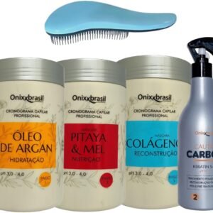 Kit Cronograma Capilar Profissional Orgânico Hidrata Nutre Repara com Queratina Líquida Onixxbrasil + Escova Mágica Desembaraçadora Antiquebra Aska