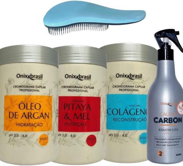 Kit Cronograma Capilar Profissional Orgânico Hidrata Nutre Repara com Queratina Líquida Onixxbrasil + Escova Mágica Desembaraçadora Antiquebra Aska