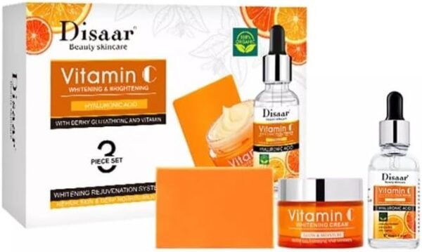 Kit Facial Vitamina C, Conjunto com 2 Peças, Sérum e Creme Clareador com Ácido Hialurônico