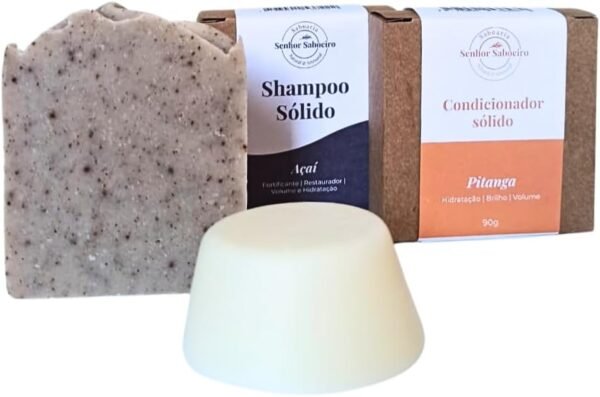 Kit Shampoo Açaí Fortificante e Condicionador Pitanga em Barra 100% Natural - Revitaliza, Nutrição e Brilho Capilar