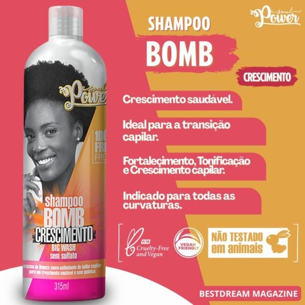 Kit Shampoo + Condicionador + Mascara Bomb Soul Power Tratamento Crescimento Capilar Vegano - Imagem 2