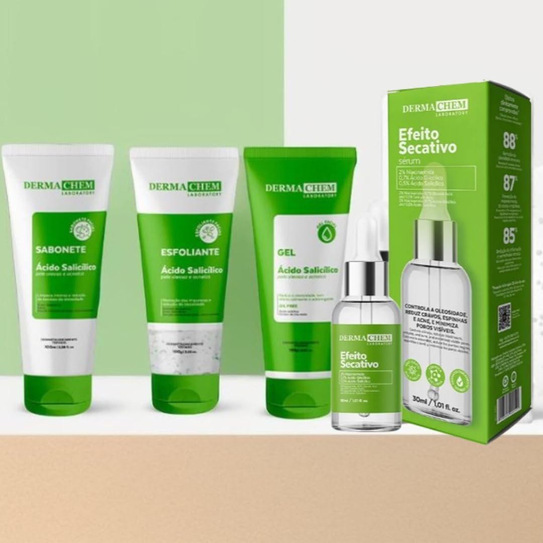 Kit Skincare Anti Acne e Oleosidade Sabonete + Esfoliante + Gel Hidratante + Serum Efeito Secativo Dermachem 1 Kit Skincare Anti Acne e Oleosidade Sabonete + Esfoliante + Gel Hidratante + Serum Efeito Secativo Dermachem