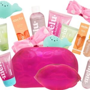 Kit Skincare Melu Adolescentes Completo 8 Itens Spa Day Skin Care Beleza Limpeza de Pele Facial Meninas Teen Cuidados com a Pele Sabonete Facial, Água Micelar, Sérum Facial, Creme Gel Hidratação Facial, Esponja Facial, Faixa Skincare e Kit c/ 2 Necessaires Exclusivas Rosa Neon