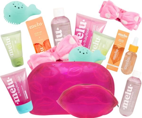 Kit Skincare Melu Adolescentes Completo 8 Itens Spa Day Skin Care Beleza Limpeza de Pele Facial Meninas Teen Cuidados com a Pele Sabonete Facial, Água Micelar, Sérum Facial, Creme Gel Hidratação Facial, Esponja Facial, Faixa Skincare e Kit c/ 2 Necessaires Exclusivas Rosa Neon