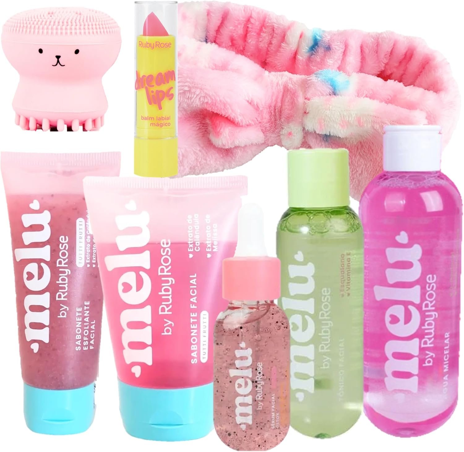 Kit Skincare Melu by Ruby Rose Cuidado Facial Sabonete Tutti Frutti Tônico Água Micelar Sérum 1 Kit Skincare Melu by Ruby Rose Cuidado Facial Sabonete Tutti Frutti Tônico Água Micelar Sérum