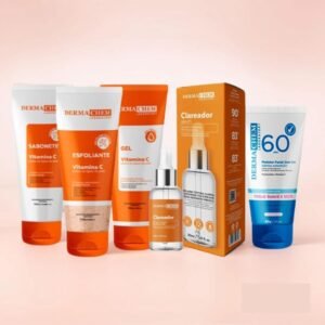 Kit Skincare Vitamina C Sabonete+Esfoliante+Gel Hidratante+Serum Clareador+Protetor Solar Sem Cor FPS60 Dermachem