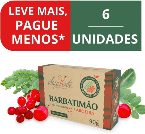 Kit com 6 Sabonetes Vegetal Alquiverde de Barbatimão com Aroeira 90g - Imagem 2