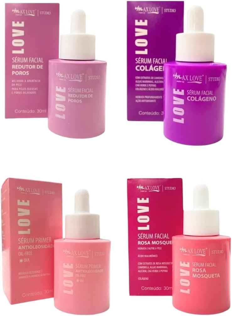 Kit de Séruns Faciais Max Love Studio, 4 Tipos: Redutor de Poros, Colágeno, Primer Anti-Oleosidade, Rosa Mosqueta 1 Kit de Séruns Faciais Max Love Studio, 4 Tipos: Redutor de Poros, Colágeno, Primer Anti-Oleosidade, Rosa Mosqueta