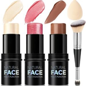 Kit de maquiagem em bastão de contorno creme, tons com iluminador, blush e bastão de contorno de bronzeador para esculpir as bochechas, de longa duração, à prova d'água, acabamento fosco e úmido leve